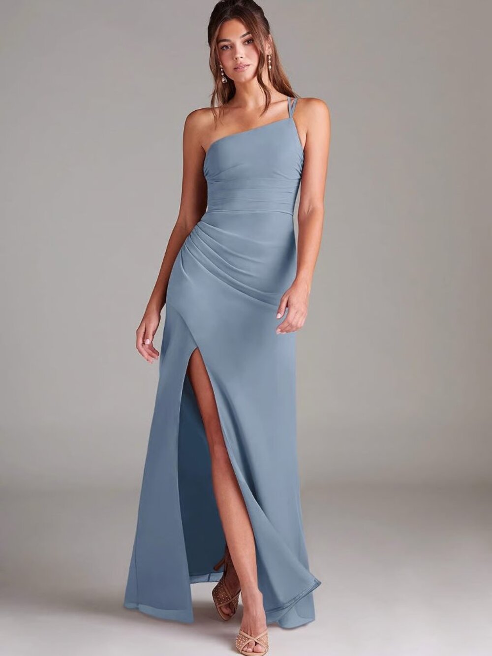 Azazie Eren Dusty Blue Sheath One Shoulder Chiffon Dress Size 12